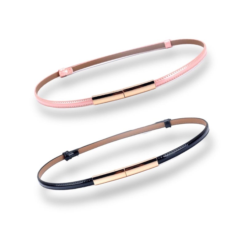 CaserBay Women's Belt Dress Fashion Patent Leather Belts Adjustable 22"- 36" Skinny Slim Belt Genuine Leather Gold Color Buckle Waistband, 2-Pack, Black & Peach-Pink - Image 1
